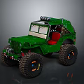 Green Off Road Jeep With Large Tires Roof Lights Red Seats And Camouflage Design
