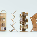 Diverse Stylish Bookcases Design With Rattan Details Tree Shaped Shelves And Decorative Plants