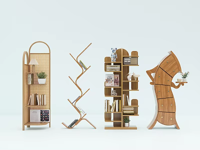Diverse Stylish Bookcases Design With Rattan Details Tree Shaped Shelves And Decorative Plants 3d model
