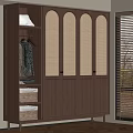 Modern Wooden Wardrobe With Arched Woven Doors Hanging Clothing And Woven Baskets