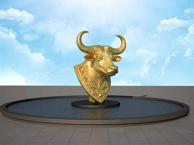 Golden Bull Head Sculpture on Circular Base with Water and Blue Sky White Clouds Background 3d model