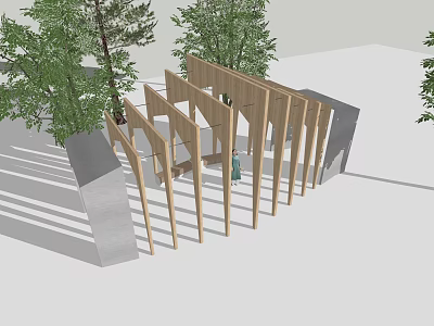 Outdoor Wooden Pergola Design With Columns Overhead Beams Surrounded By Trees 3d model