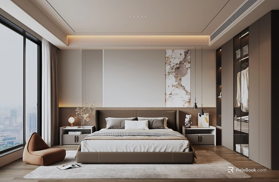 Modern Bedroom Interior Design With Large Bed Accent Chair And Decorative Painting 3d model 