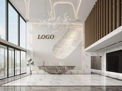 Modern Front Desk Reception With Marble Counter Logo Wall Crystal Chandelier And Large Windows 3d model