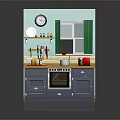 Cozy Kitchen Interior With Gray Cabinets Wooden Countertop Clock And Green Curtains