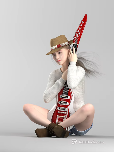 Woman in Brown Hat Sitting on Ground Holding Red Guitar in White Sweater 3d model 