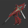 Red And Gold Mecha Model With Spear Sword And Reflection On Black Background