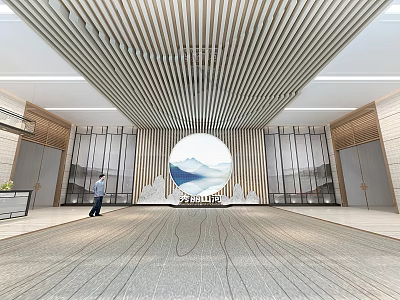 Elegant Modern Hotel Lobby Interior With Wooden Ceiling Slats And Circular Landscape Painting 3d model