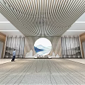 Elegant Modern Hotel Lobby Interior With Wooden Ceiling Slats And Circular Landscape Painting