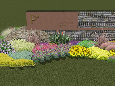 Scenic Wall with Parking Lot Sign Surrounded by Colorful Flowers Green Plants and Stones 3d model