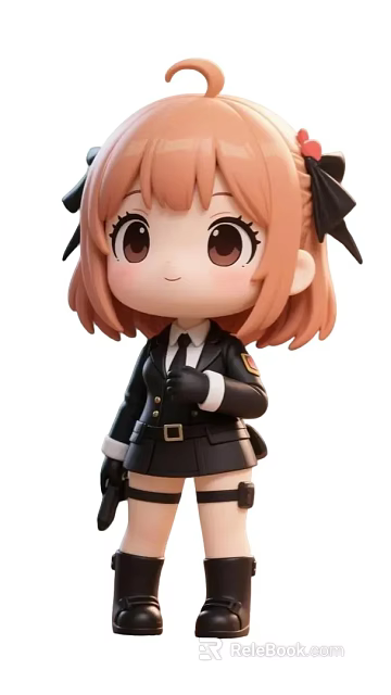 Chibi Game Movie Character With Pink Short Hair Black Bow And Uniform 3d model 