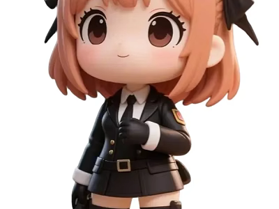 Chibi Game Movie Character With Pink Short Hair Black Bow And Uniform 3d model