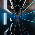 Futuristic Elevator Hallway With Blue Red Neon Lights Reflective Floor And Geometric Accents