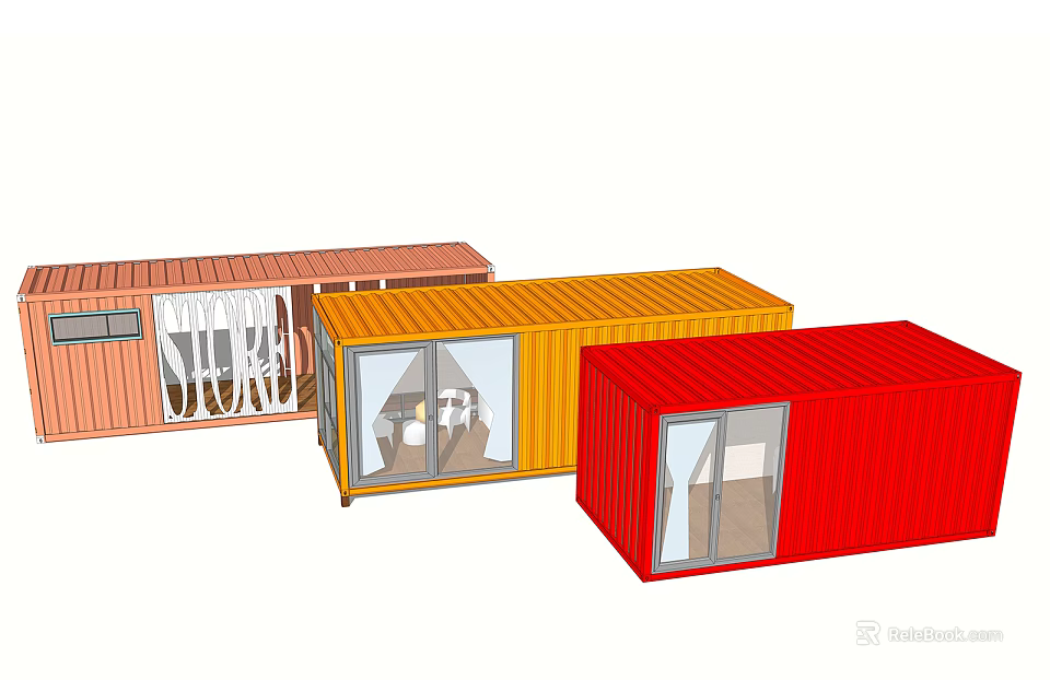 Colorful Container Buildings With Modern Design And Glass Windows Doors Exterior 3d model 
