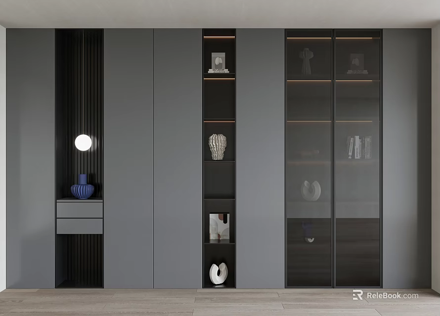 Modern Gray Bookcase With Glass Doors And Display Shelves For Decorative Items 3d model 