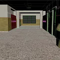 Elevator Hallway Interior With Red Lockers Yellow Walls Window Ceiling Lights And Speckled Floor 3d model