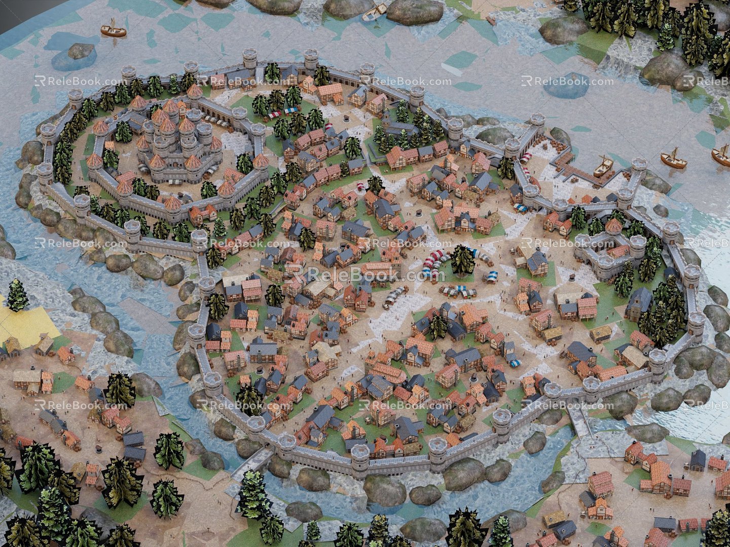 European-style aerial view Residential area Medieval city 3d model