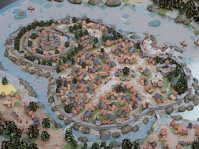 Aerial Planning of Medieval Village Featuring Central Castle Fortress Walls and River 3d model