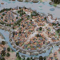 Aerial Planning of Medieval Village Featuring Central Castle Fortress Walls and River