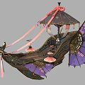 Traditional Ornate Decorative Boat With Sails Umbrellas Lanterns And Oriental Design
