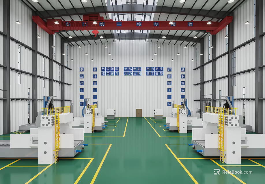 Industrial Manufacturing Plant With Green Floor Yellow Lines And Red Crane Machinery 3d model 