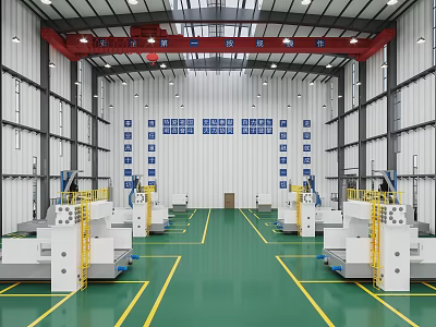 Industrial Manufacturing Plant With Green Floor Yellow Lines And Red Crane Machinery 3d model