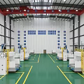 Industrial Manufacturing Plant With Green Floor Yellow Lines And Red Crane Machinery