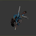 Wolf Headed Fantasy Game Character Warrior in Blue Outfit With Spear and Battle Stance