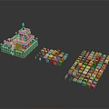 Detailed Wooden Building Block Set With Finished Castle Model And Scattered Blocks