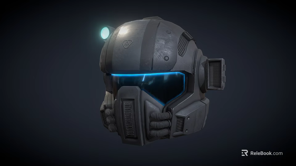Advanced Industrial Equipment Mechanical Helmet Featuring Green Indicator Light Blue Visor And Metallic Ventilation Grilles 3d model 