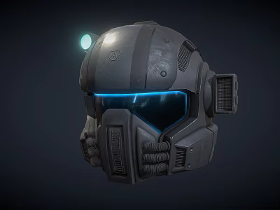 Advanced Industrial Equipment Mechanical Helmet Featuring Green Indicator Light Blue Visor And Metallic Ventilation Grilles 3d model