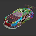 Sporty Racing Car With Blue White Black Graphic Design And Rear Wing
