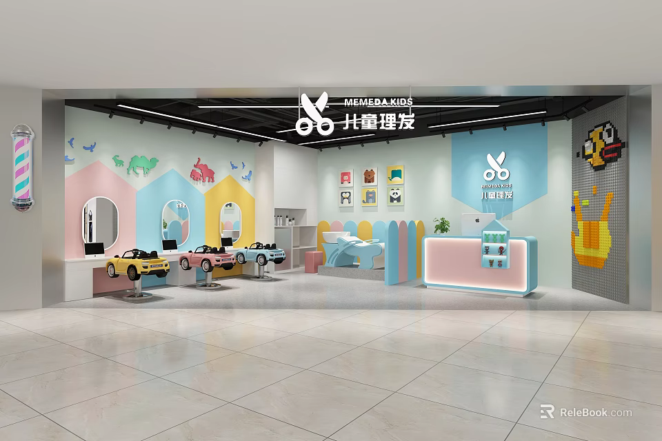 Colorful Children's Hair Salon Interior With Cartoon Decorations And Kids Play Areas 3d model 