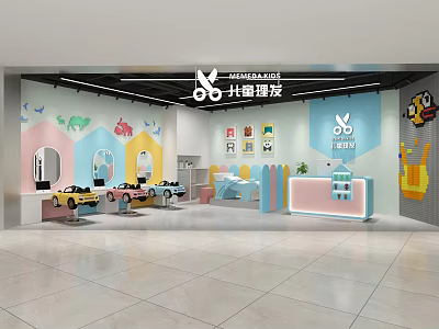 Colorful Children's Hair Salon Interior With Cartoon Decorations And Kids Play Areas 3d model