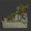 Cartoon Scene With Stone House Surrounded By Trees Small Shed Bicycle And Rocks