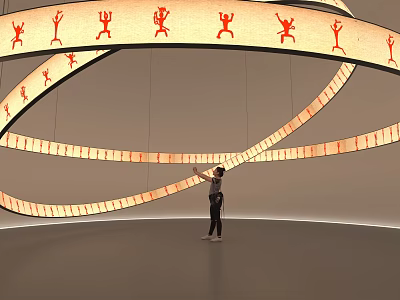 Interactive Circular Art Installation Featuring Orange Human Figures And Suspended Illuminated Rings 3d model