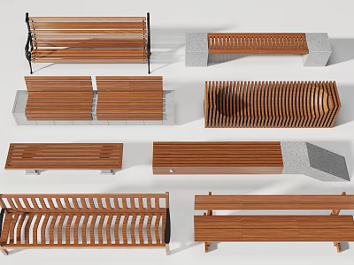 Various Wooden Bench Designs Featuring Metal Frames And Stone Bases 3d model