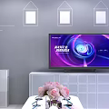 Modern Living Room With White Sofas Coffee Table TV And Purple Lighting Decorative Paintings
