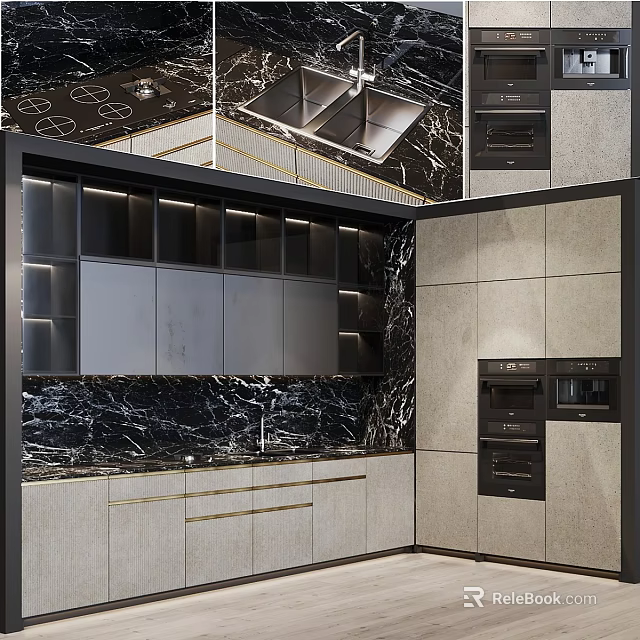 Modern Kitchen Interior With Black Marble Backsplash Gray Cabinets And Built In Ovens 3d model