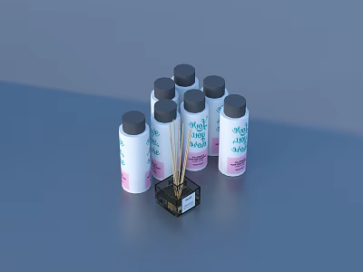 Multiple White Perfume Bottles With Pink Labels And Black Fragrance Stick Container On Blue Tabletop 3d model