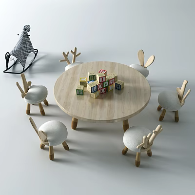 Round Wooden Children's Table With Animal Ear Chairs And Colorful Building Blocks 3d model