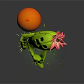 Cartoon Green Cactus With Red Flower On Head Surprised Expression Near Orange Smiley Balloon