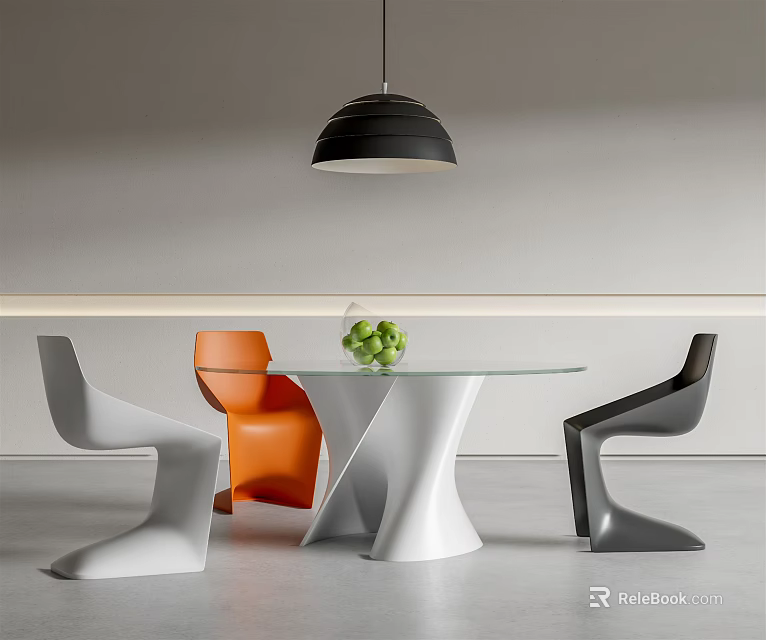 Modern Dining Table Set With Unique White Base White Orange Black Chairs And Green Plant 3d model 