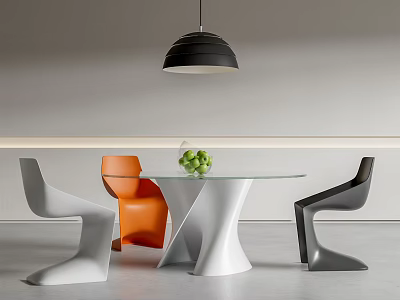 Modern Dining Table Set With Unique White Base White Orange Black Chairs And Green Plant 3d model