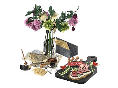 Elegant Decorative Ornament Set With Vase Flowers Cheese Bread Meat Nuts Honey And Tray 3d model