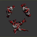Three Red And Silver Armored Characters In Battle Stance With Grey Background