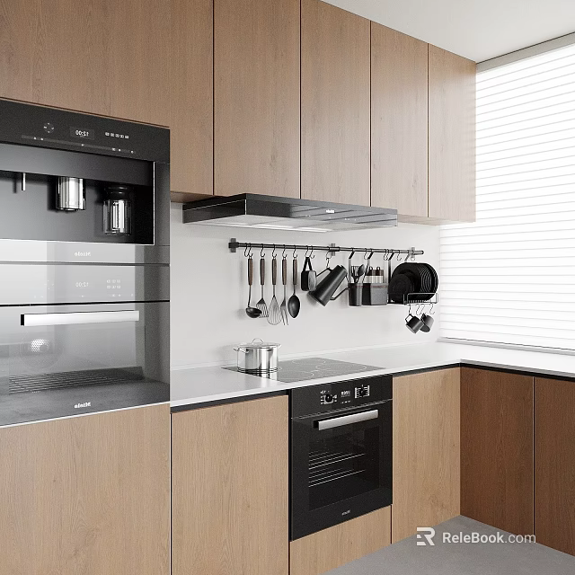 Modern Kitchen Interior with Wooden Cabinets Black Appliances and Hanging Utensils on White Countertop 3d model 