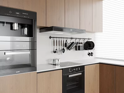 Modern Kitchen Interior with Wooden Cabinets Black Appliances and Hanging Utensils on White Countertop 3d model