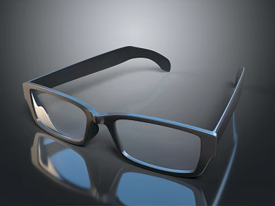 Modern Black Rectangular Glasses Frame Placed On Sleek Reflective Surface 3d model