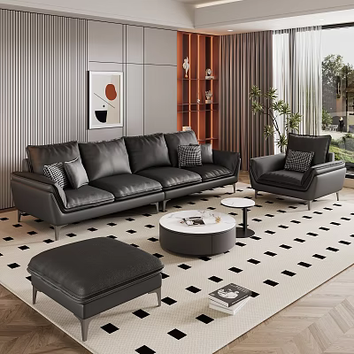 Modern Black Leather Sofa and Coffee Table Set with Armchair and Black White Checkered Rug 3d model